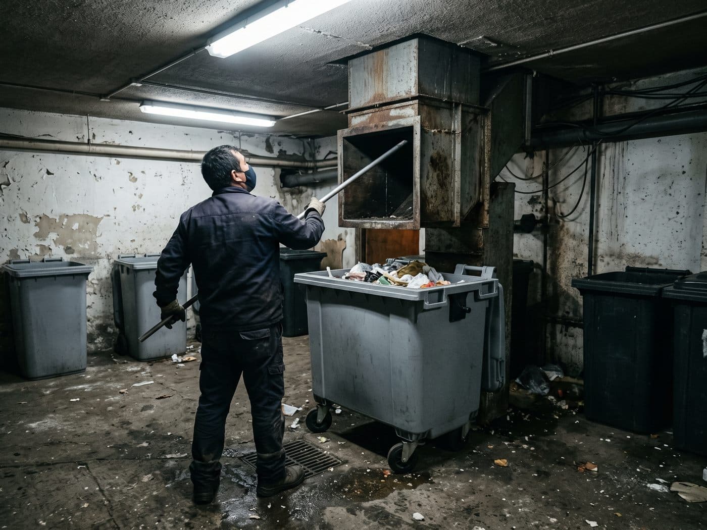 Trabajador con mascarilla soltando con una vara el ducto de basura en la sala de basura de un edificio