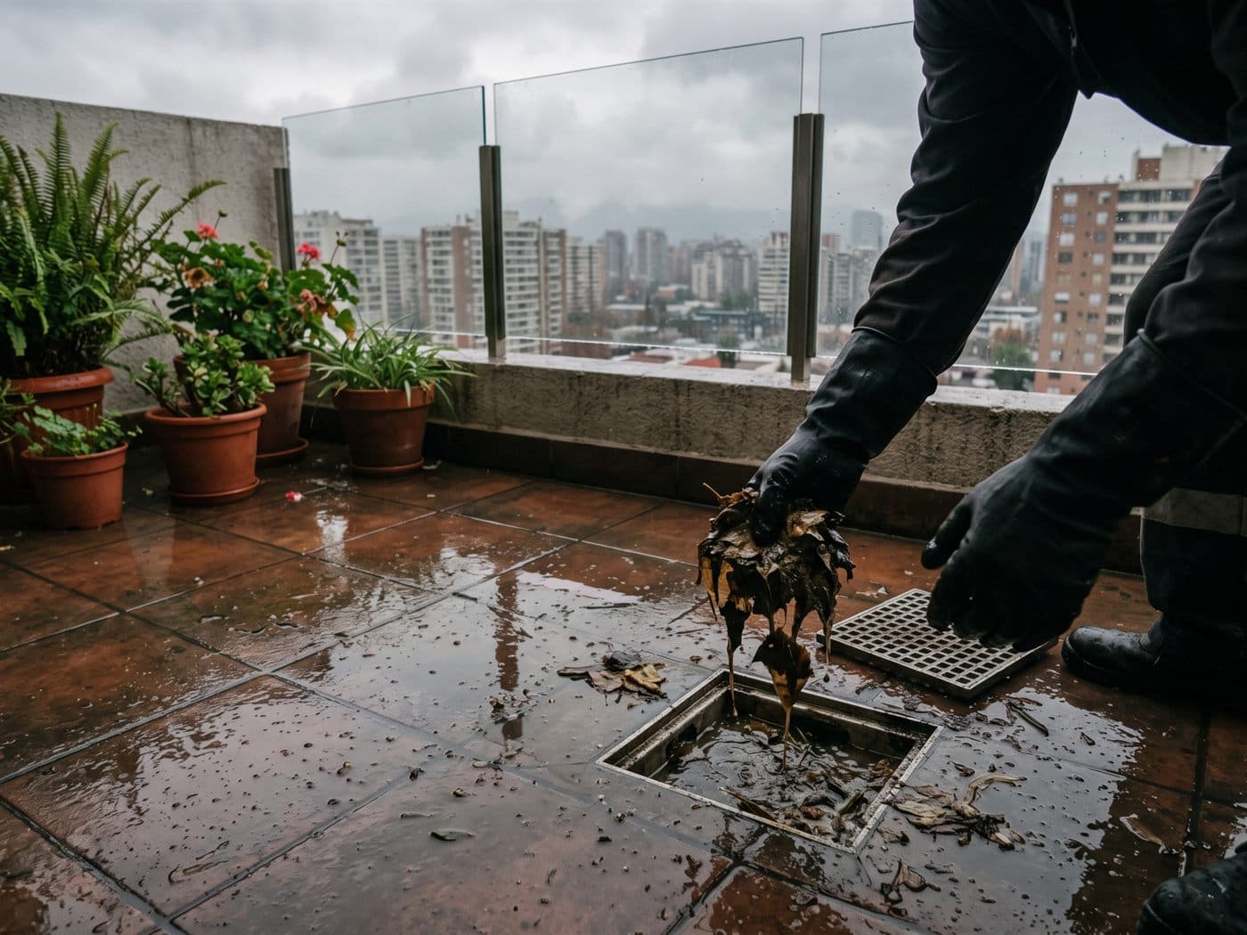 Manos con guantes sacando hojas mojadas del desagüe de la terraza de un depto después de la lluvia