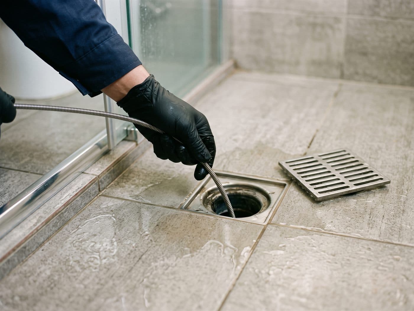 Desagüe de una ducha de piso con la rejilla retirada y una sonda manual entrando por la boca